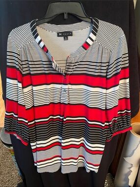 N Touch Red, Black & White Striped Henley Blouse